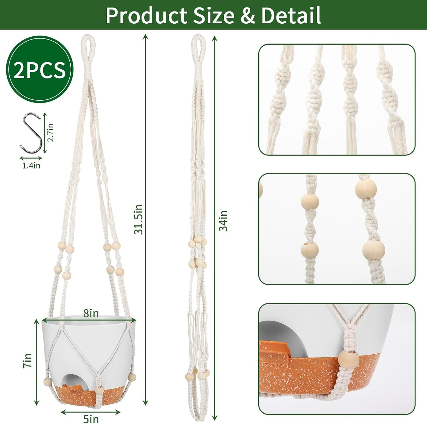 GARDIFE 8 Inch Hanging Planters with Macrame Plant Hanger for Indoor and Outdoor Plants, 2 Pack Large Self Watering Hanging Plant Pot with Basket Flower Pot with Drainage Hole, White