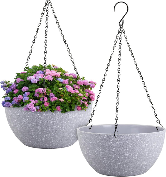 12 inch Large Hanging Planters for Indoor Outdoor Plants, 2 Pack Hanging Flower Pots with Drainage Holes and Chain for Garden Porch, Plastic Hanging Baskets for House Plants, Speckled Grey