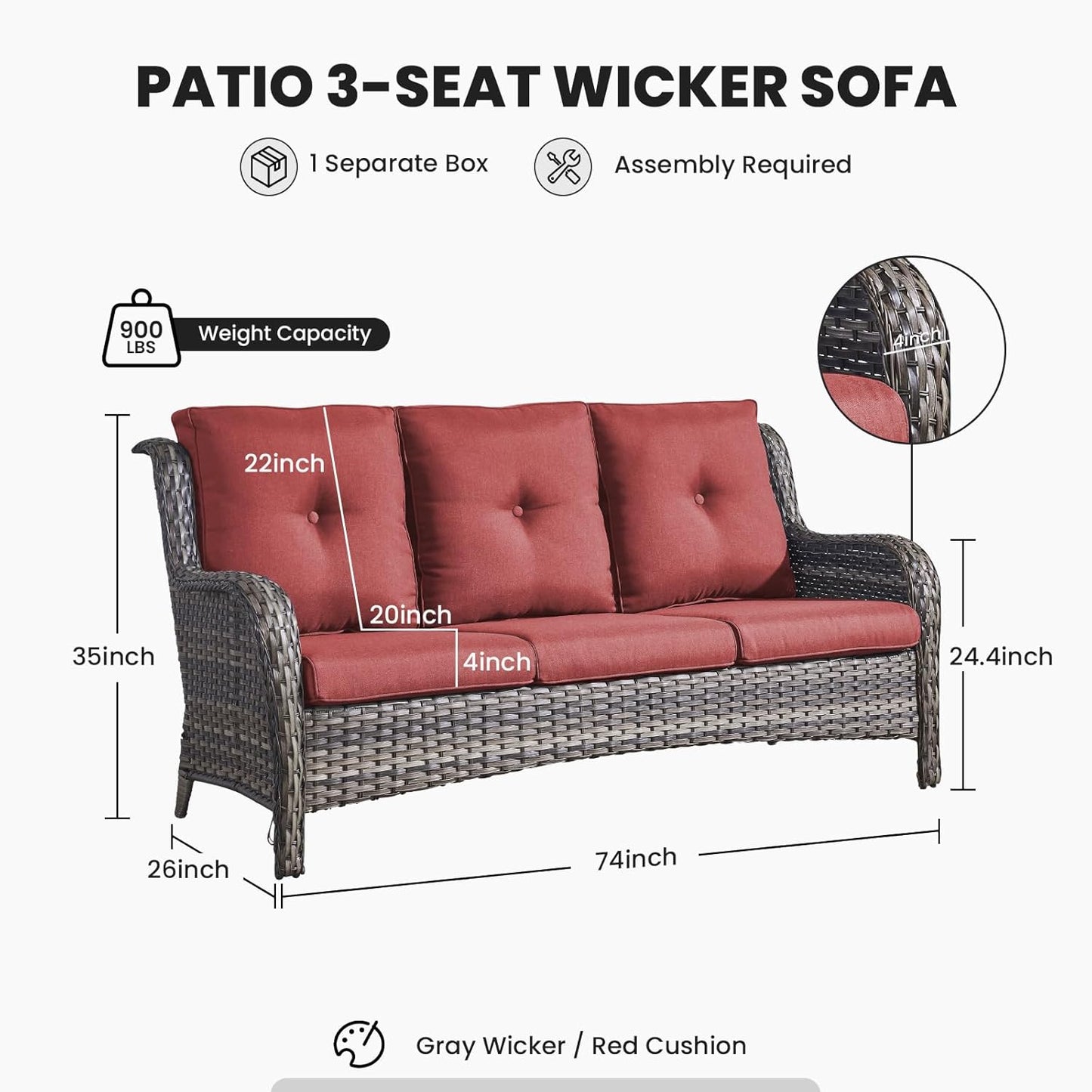 Outdoor Couch Wicker Patio Sofa - 75Inch Rattan Sofa with Hight Backrest Wide Armrest, All Weather Outdoor 3 Seater Seating Wicker Couch for Balcony Proch Deck Backyard Grey/Red