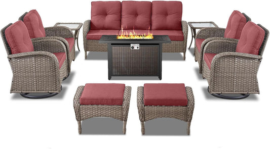 Expansive 10 Pieces Outdoor Patio Furniture Set with 43” Propane Fire Pit Table, Patio Conversation Set with Swivel Rocker Outdoor Chairs Set of 4 and Sofa, Ottoman and Wicker Side Table Gray