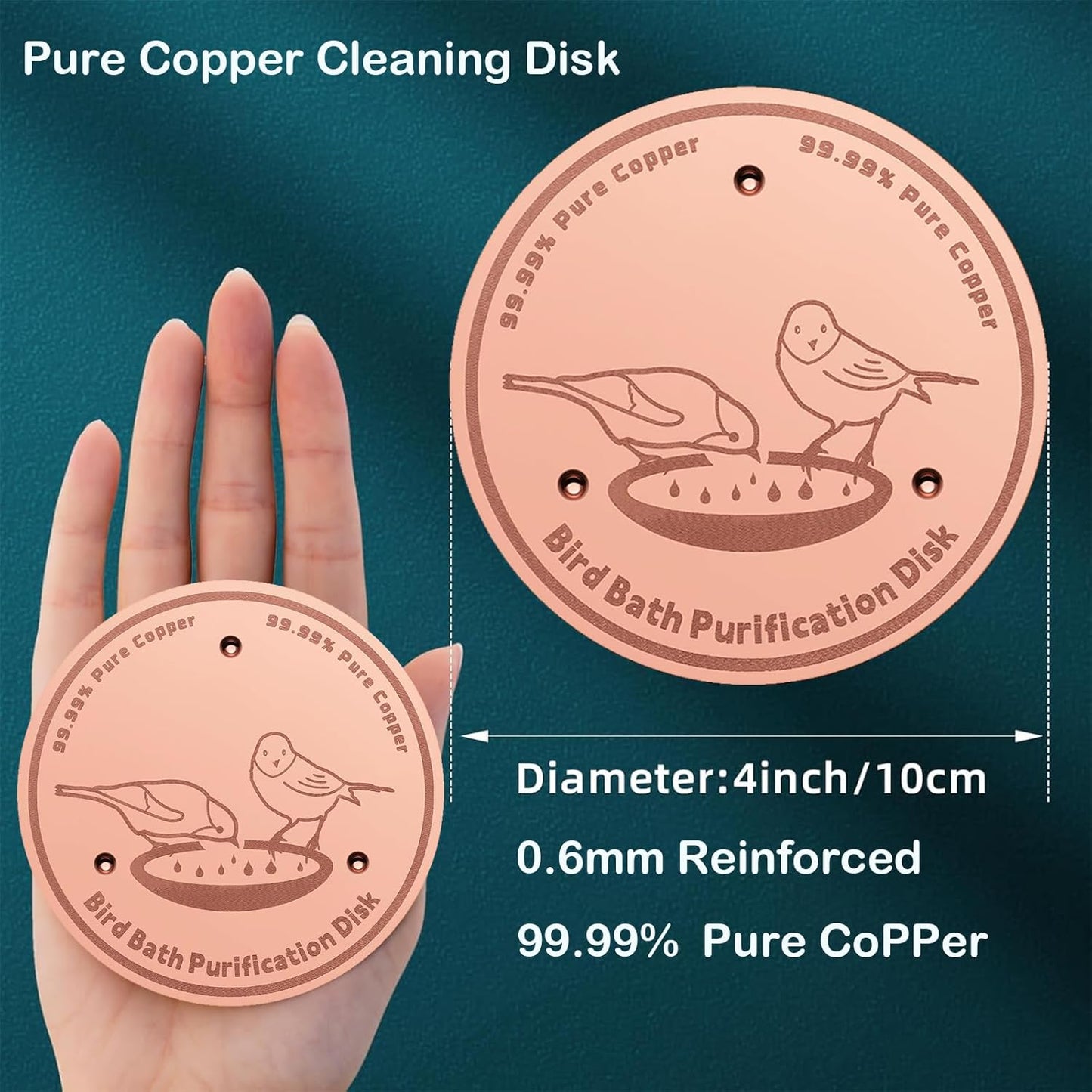 2-Pack 99.99% Pure Copper Bird Bath Purification Disk,Copper Disc with Stable Triple-Point Support,Fits All Outdoor Bird Baths(Round)