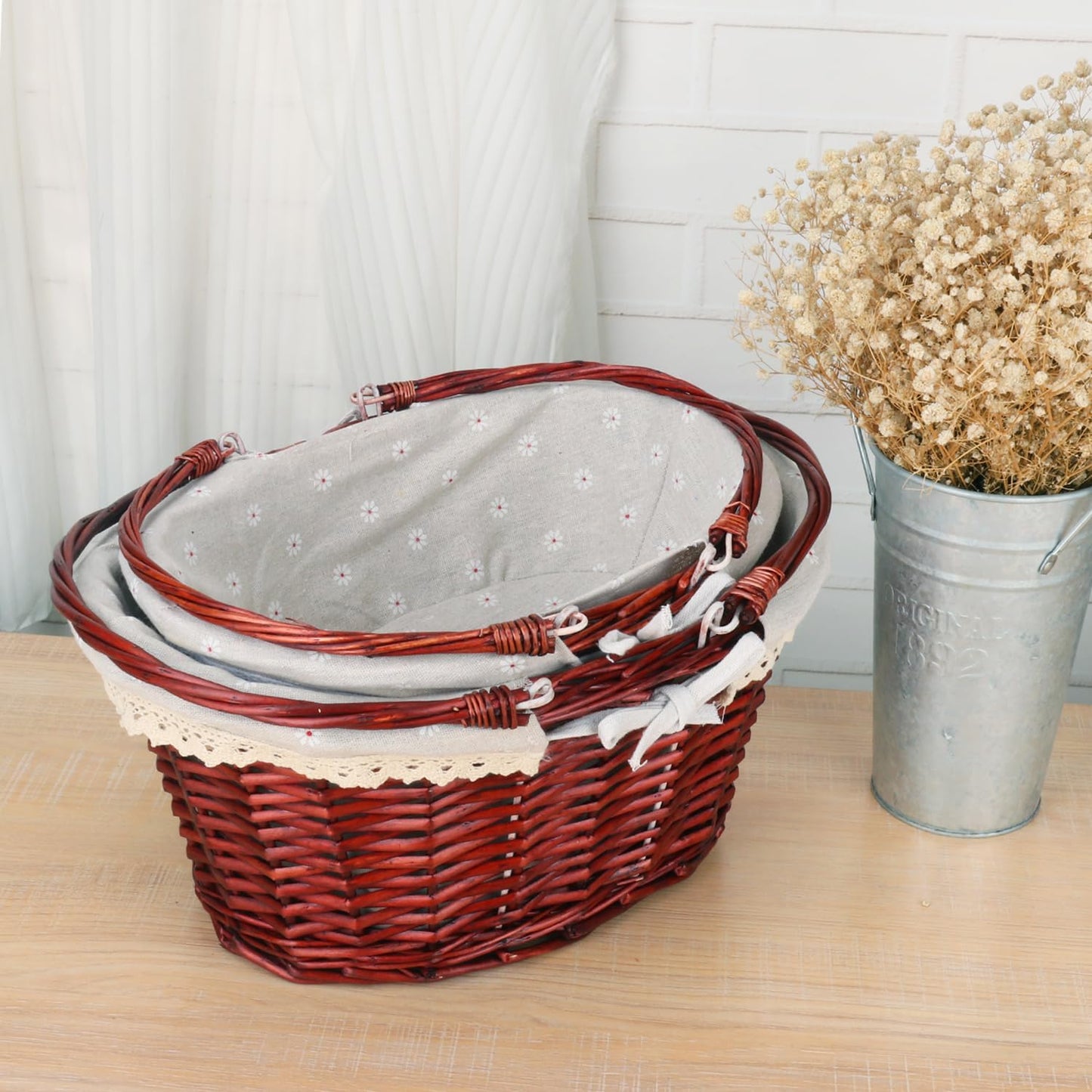 2 Pack Brown Wicker Basket with Linen Lining, 14 & 12 Inch Wicker Woven Picnic Basket with Handle for Picnic, Camping, Outdoor Party