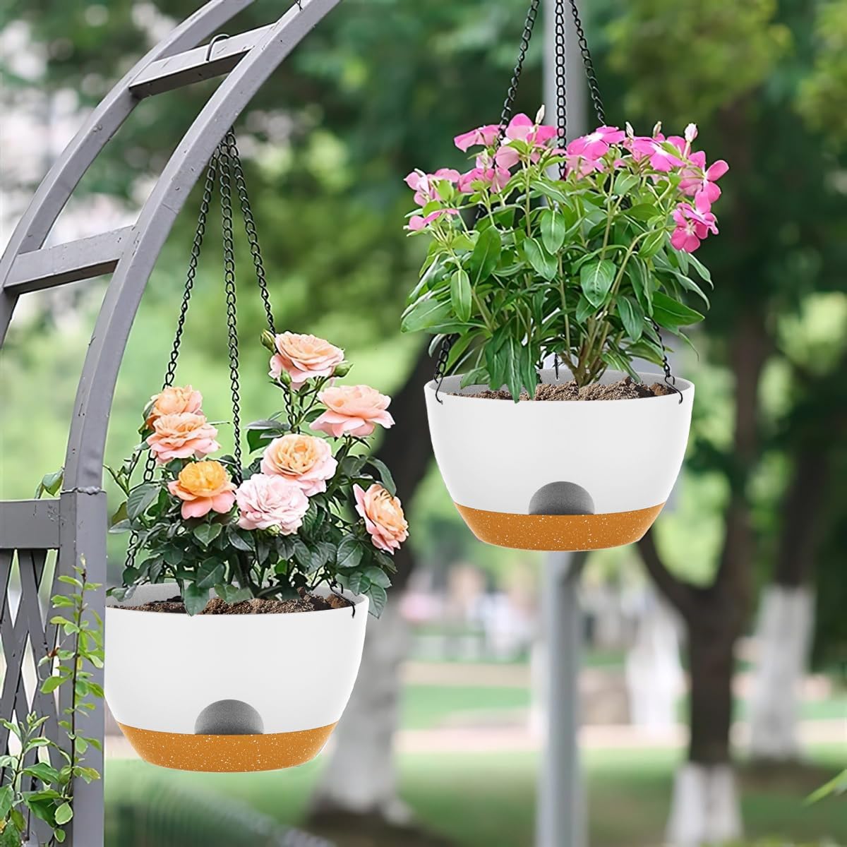 12 Inch Hanging Baskets 2 PC with Chains, Self-Watering Hanging Planters for Indoor Outdoor Plants, Plastic Hanging Flower Pots,White Brown