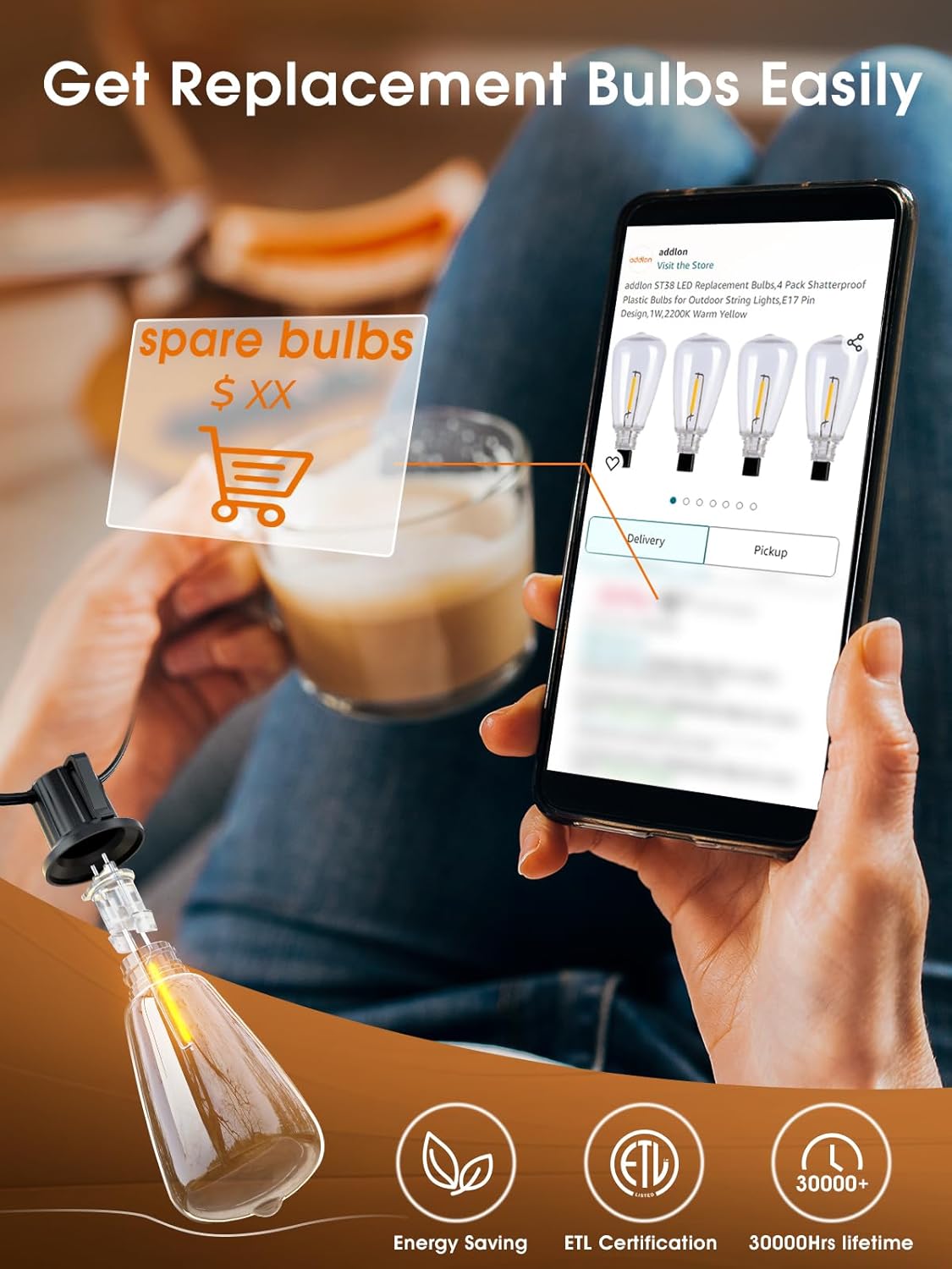 addlon 200 FT (4X 50FT) Outdoor String Lights,Waterproof Patio Lights ETL Listed with 60+4 Shatterproof Dimmable ST38 LED Bulbs,2200K Connectable Outdoor Lighting for Backyard Bistro Garden