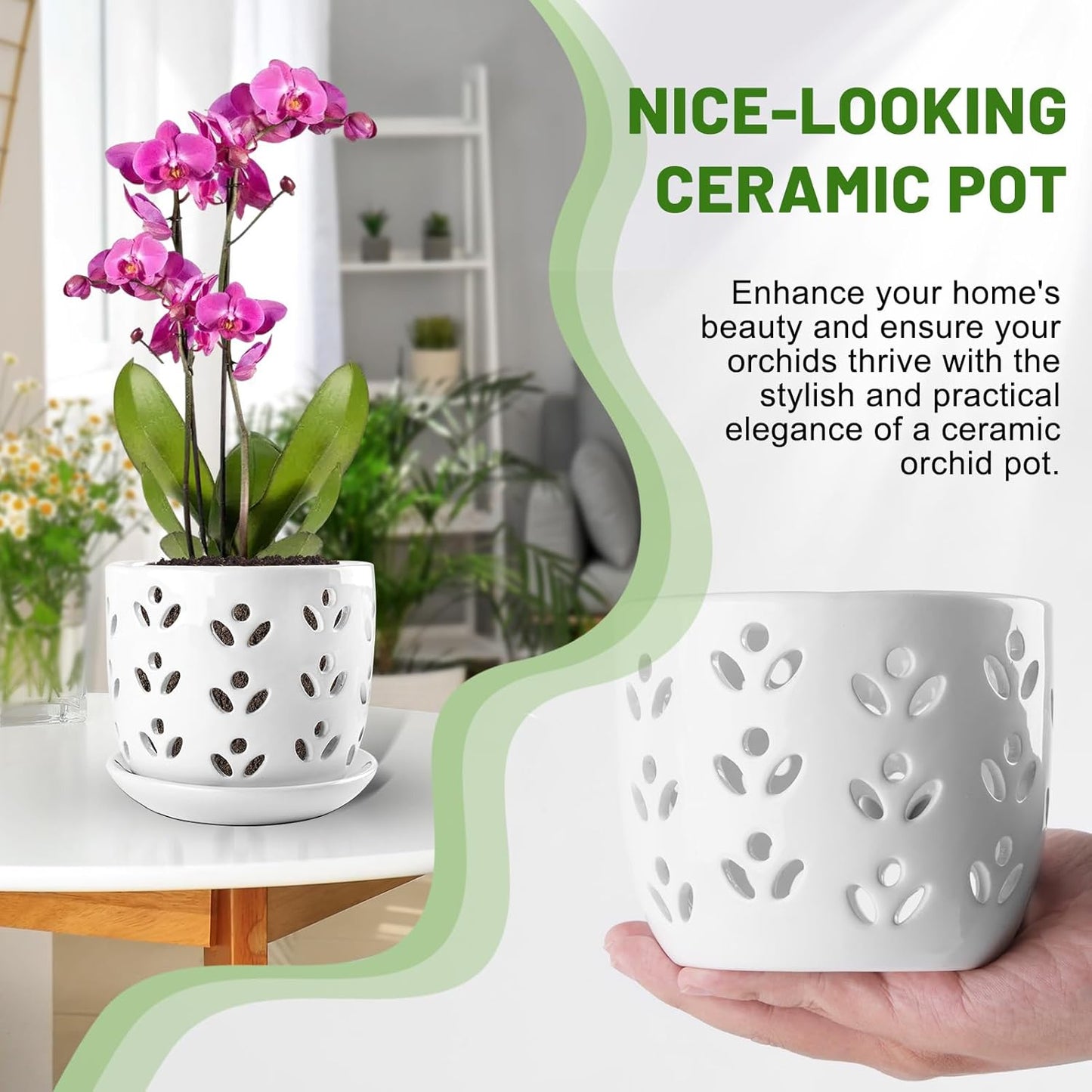 REMIAWY Orchid Pot, 2 Pack Orchid Pots with Drainage Holes and Saucer, 6 Inch and 5 Inch Large Ceramic Planter for Repotting Indoor Plants, Succulent, Decorative, Good Air Circulation, White