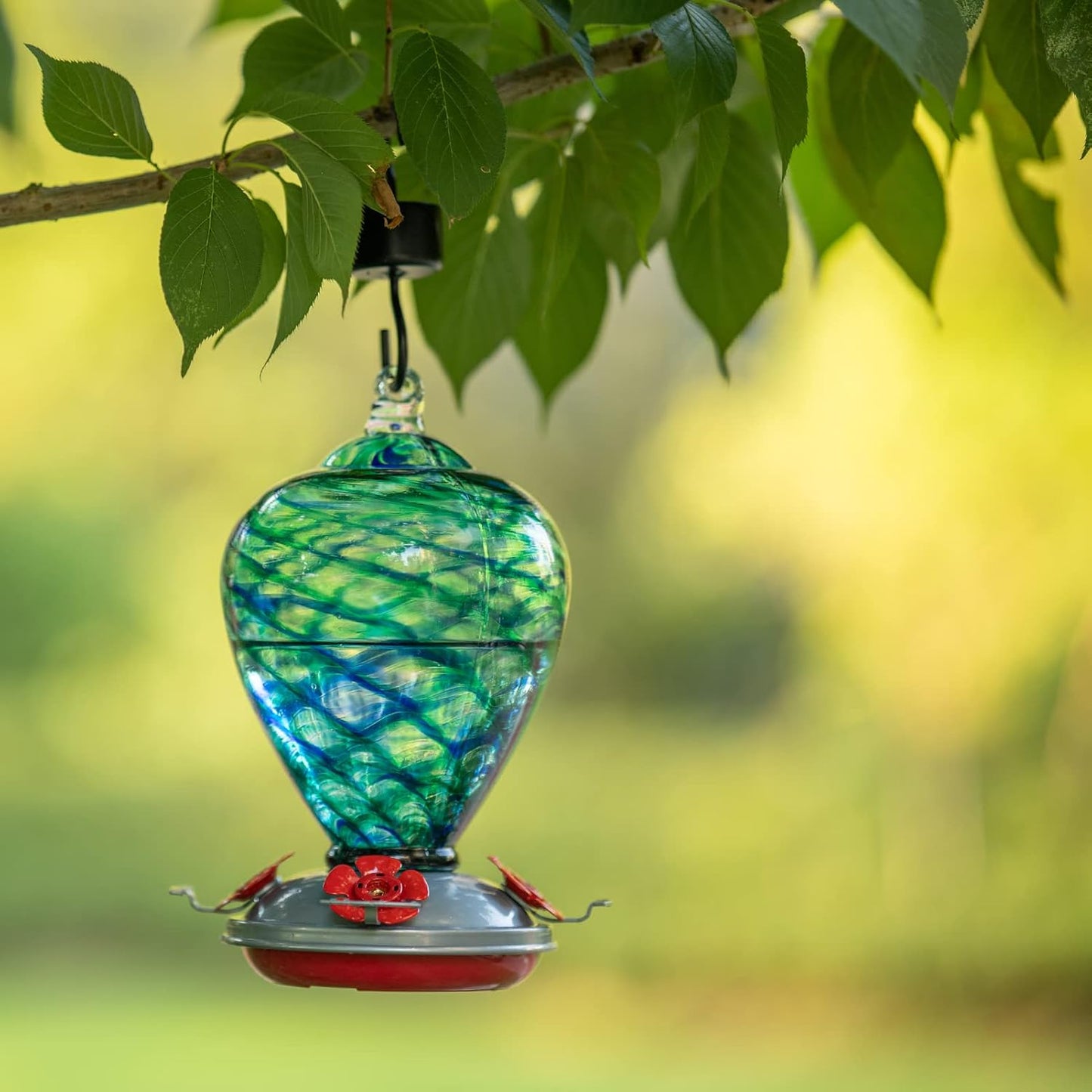 2 Packs Hummingbird Feeder for Outdoors Hanging Ant and Bee Proof, 34OZ 32OZ Hand Blown Glass Hummingbird Feeders for Outside (Blue & Flame)