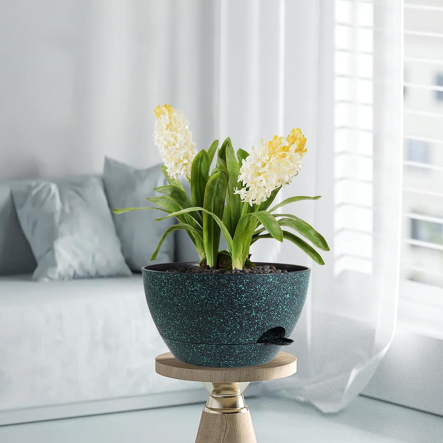 12 Inch Hanging Baskets 2 PC with Chains, Self-Watering Hanging Planters for Indoor Outdoor Plants, Plastic Hanging Flower Pots, Black with Green Speckles