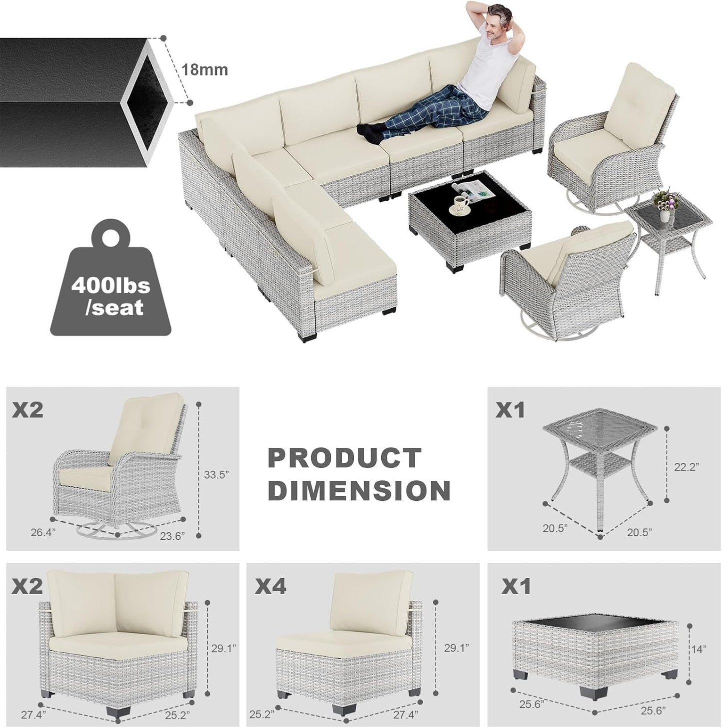 10-Piece Patio Furniture Set, Outdoor Patio Furniture with Swivel Chairs Set, Thick Cushions, Modular Patio Sofa, Dual-Strand Wicker Rattan, Rust-Resistant Frame, Ivory