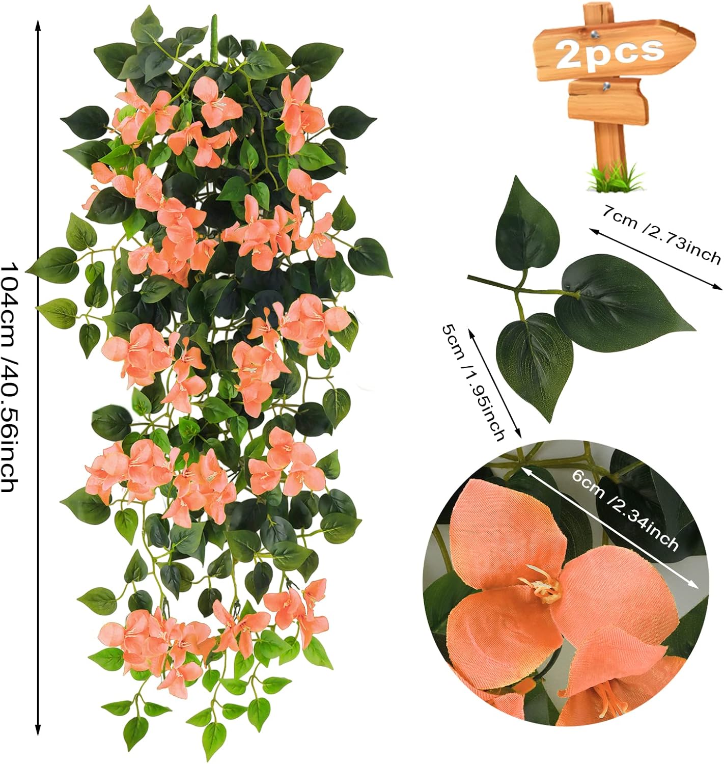 Artificial Hanging Flowers Bougainvillea, UV Resistant Fake Plastic Faux Flower Fabric Vine for Indoor Outdoor Garden Porch Eave Wedding Wall Décor Fall Decorations