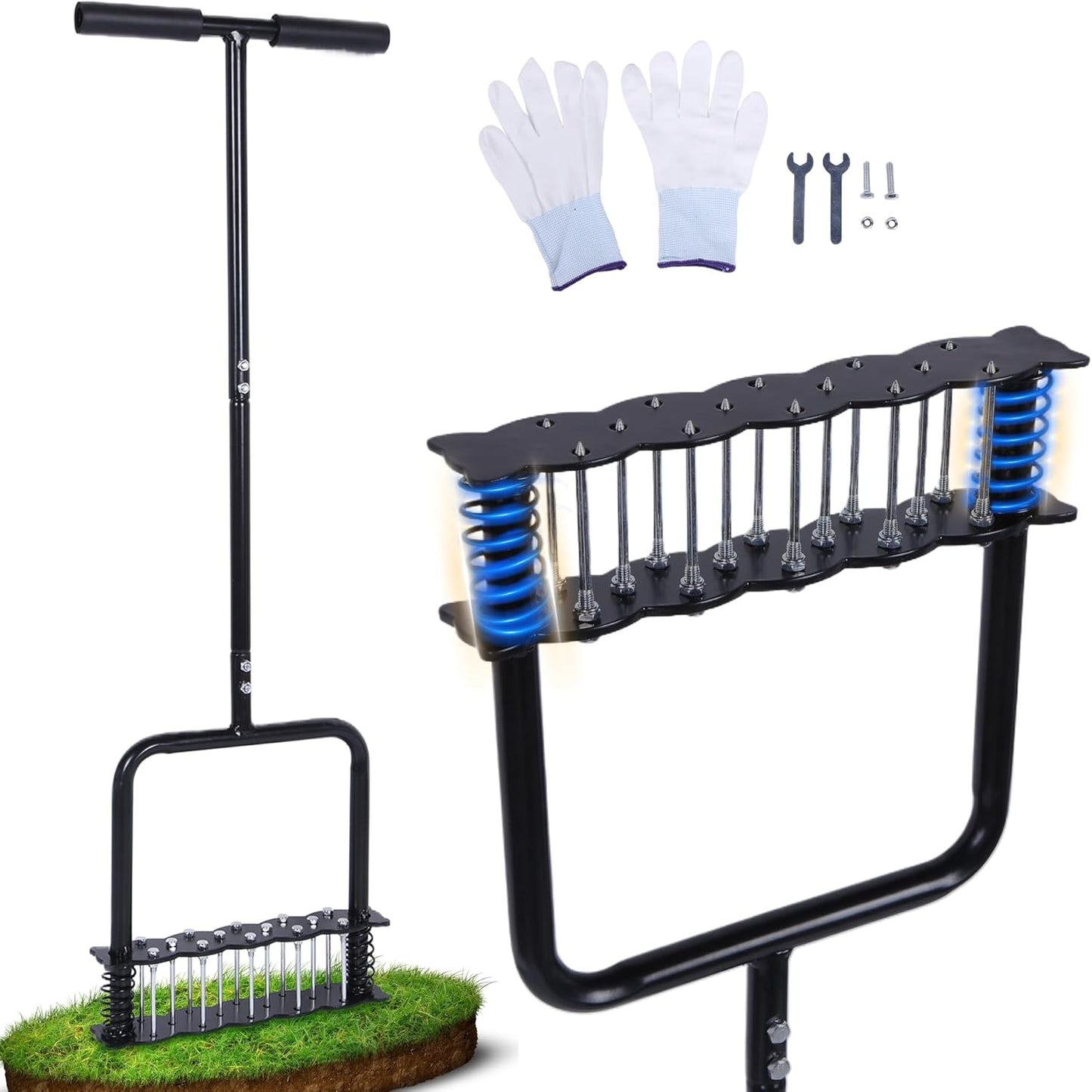 Lawn Aerator Tool, Manual Lawn Aerators with 14 Iron Spikes, Spring-Loaded Design Lawn Air Aerator Tool, Metal Manual Push Aerator, Lawn Tool for Loosening Soil Aerating Patio, Yard