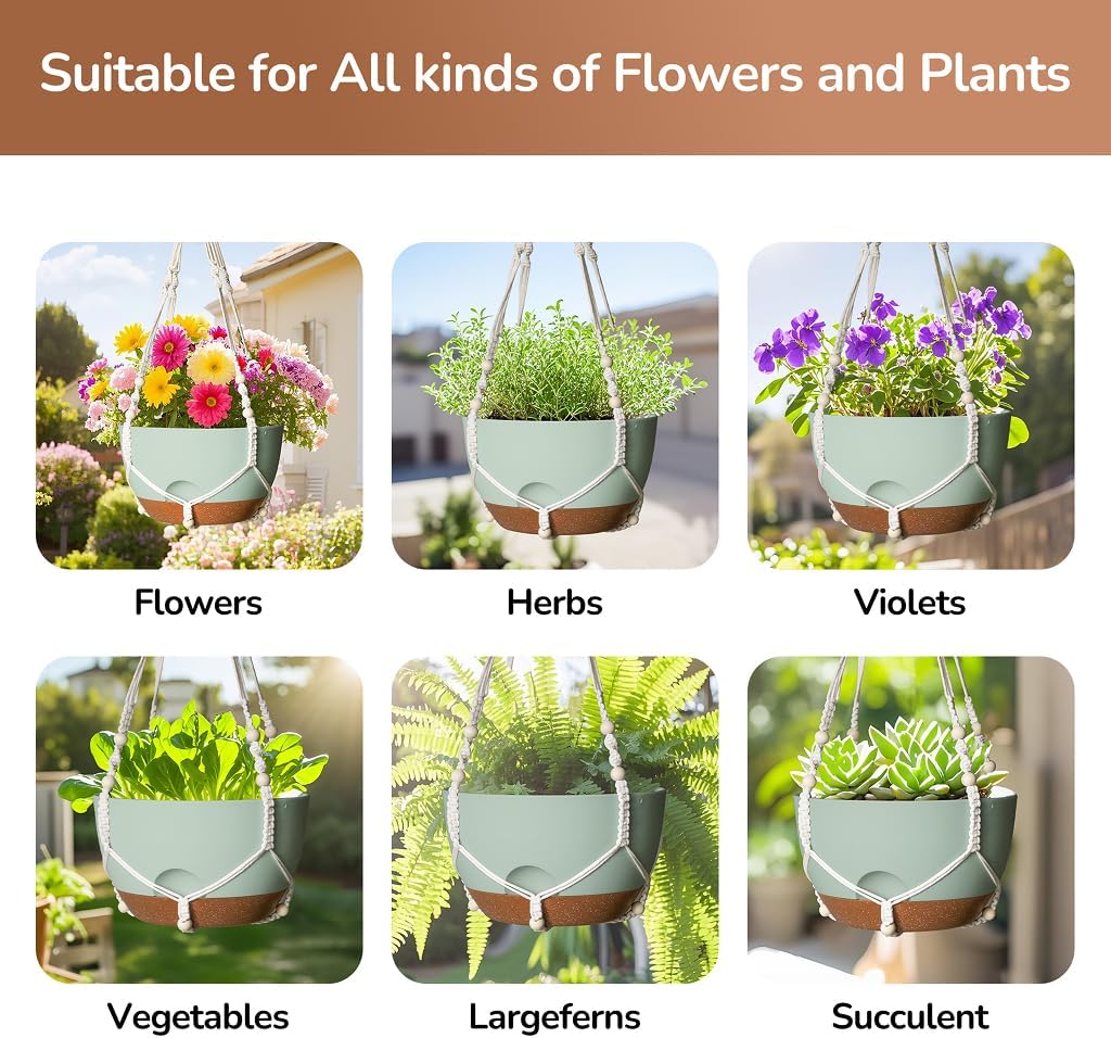 12 Inch Hanging Baskets for Plants Outdoor, Hanging Planters for Indoor Outdoor Plants, Hanging Planter with Self Watering, Hanging Flower Pots (Green Planter with Macrame + Iron Hangers)