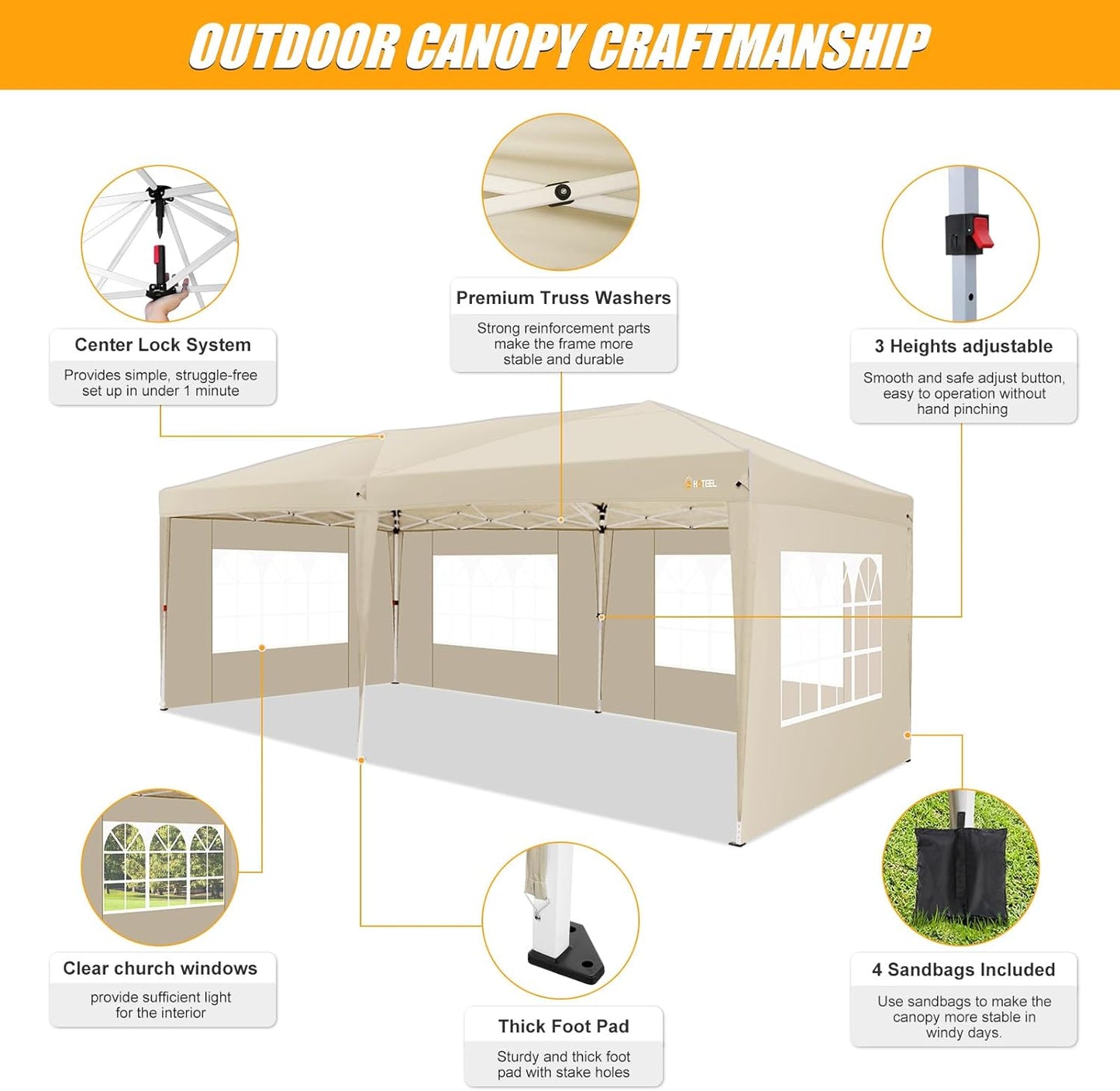 HOTEEL 10x20 Pop up Canopy with 6 Sidewalls, One Push Instant Setup Outdoor Canopy Tent with Reinforce Rod, Weight Bag, for Parties, Events, Khaki