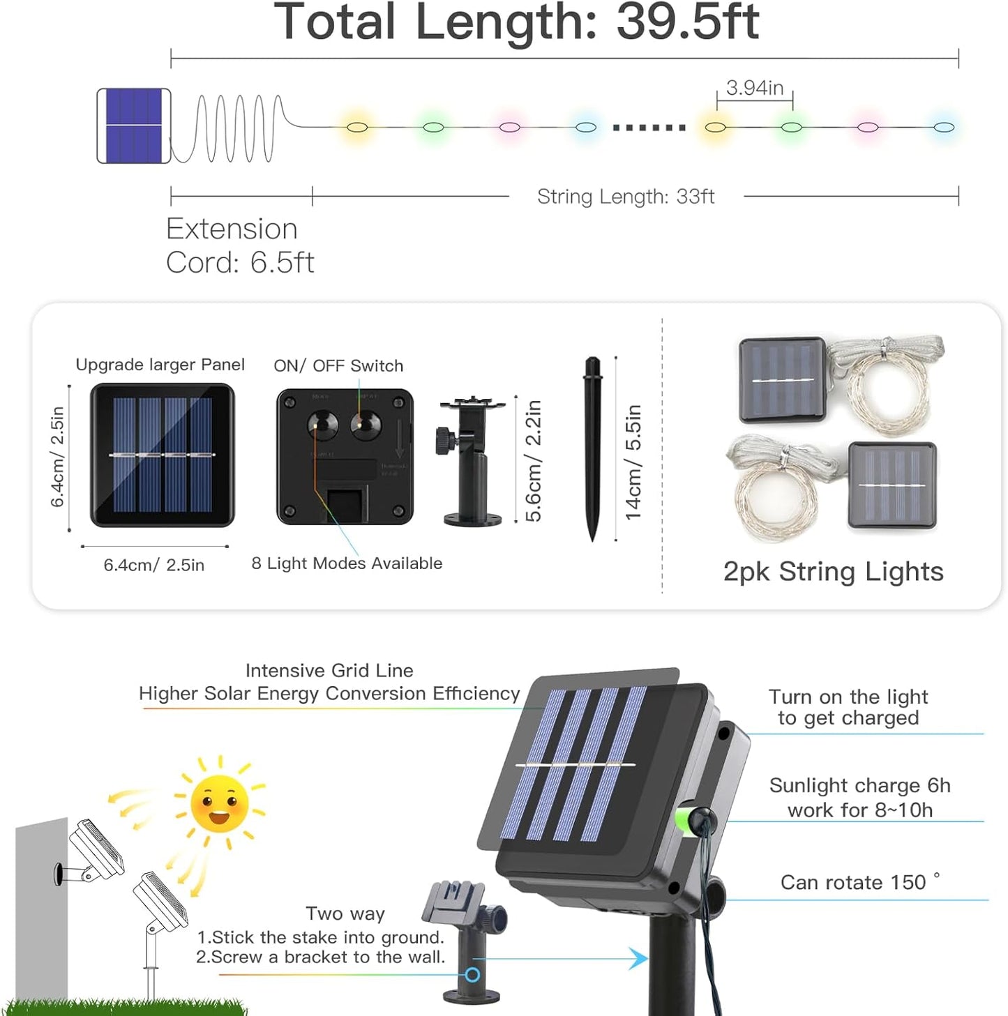 suddus 2 Pack 33ft Solar Fairy String Lights Small, 100 Led Multicolor Solar Fairy Lights Outdoor, Solar Christmas Lights Copper Wire for Trees Garden Patio
