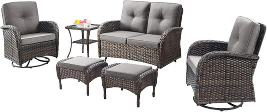 6 Piece Patio Conversation Sets - Wicker Patio Furniture Sets with Outdoor Swivel Rocker Chairs, Glider Loveseat Perfect for Patio Deck Backyard, Brown Wicker Grey Cushion