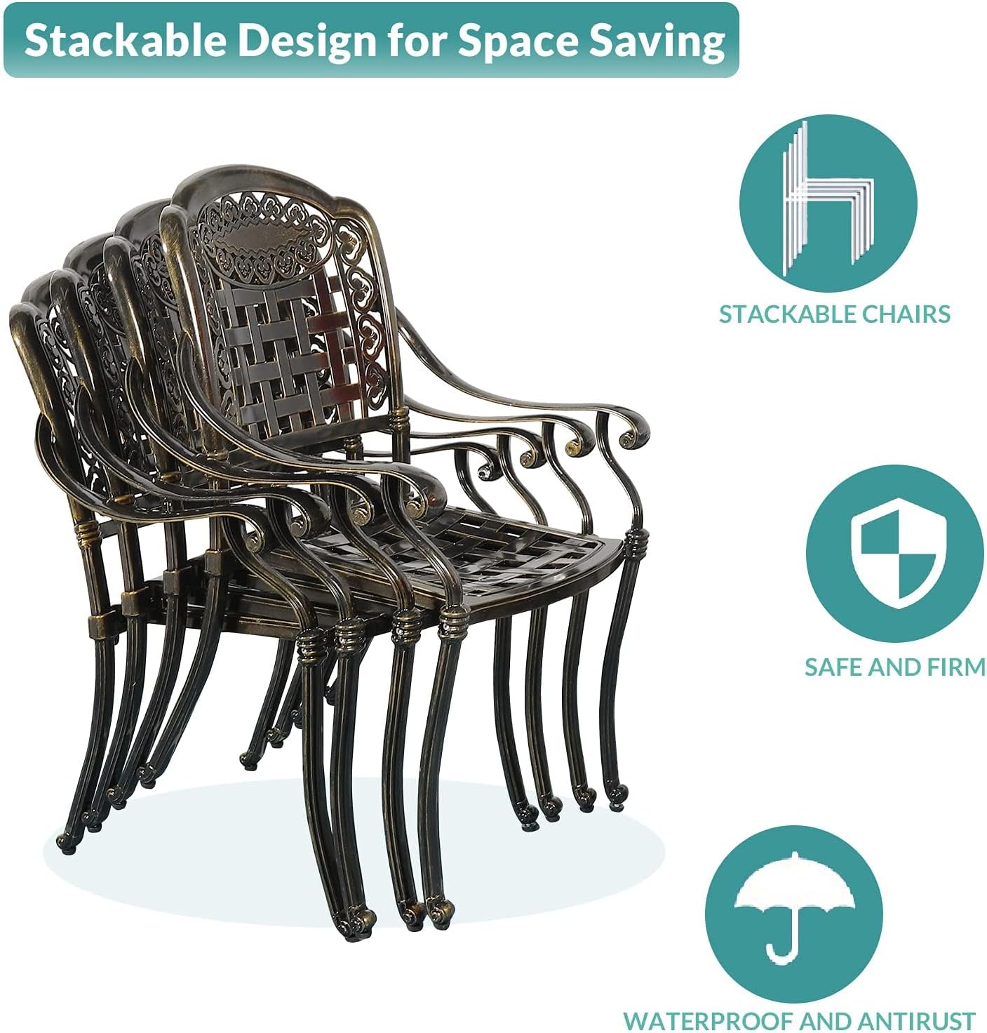 MEETWARM 3 Piece Outdoor Patio Bistro Set, All-Weather Cast Aluminum Dining Furniture Set Includes 2 Chairs and a 35.4” Round Table with Umbrella Hole for Garden Deck