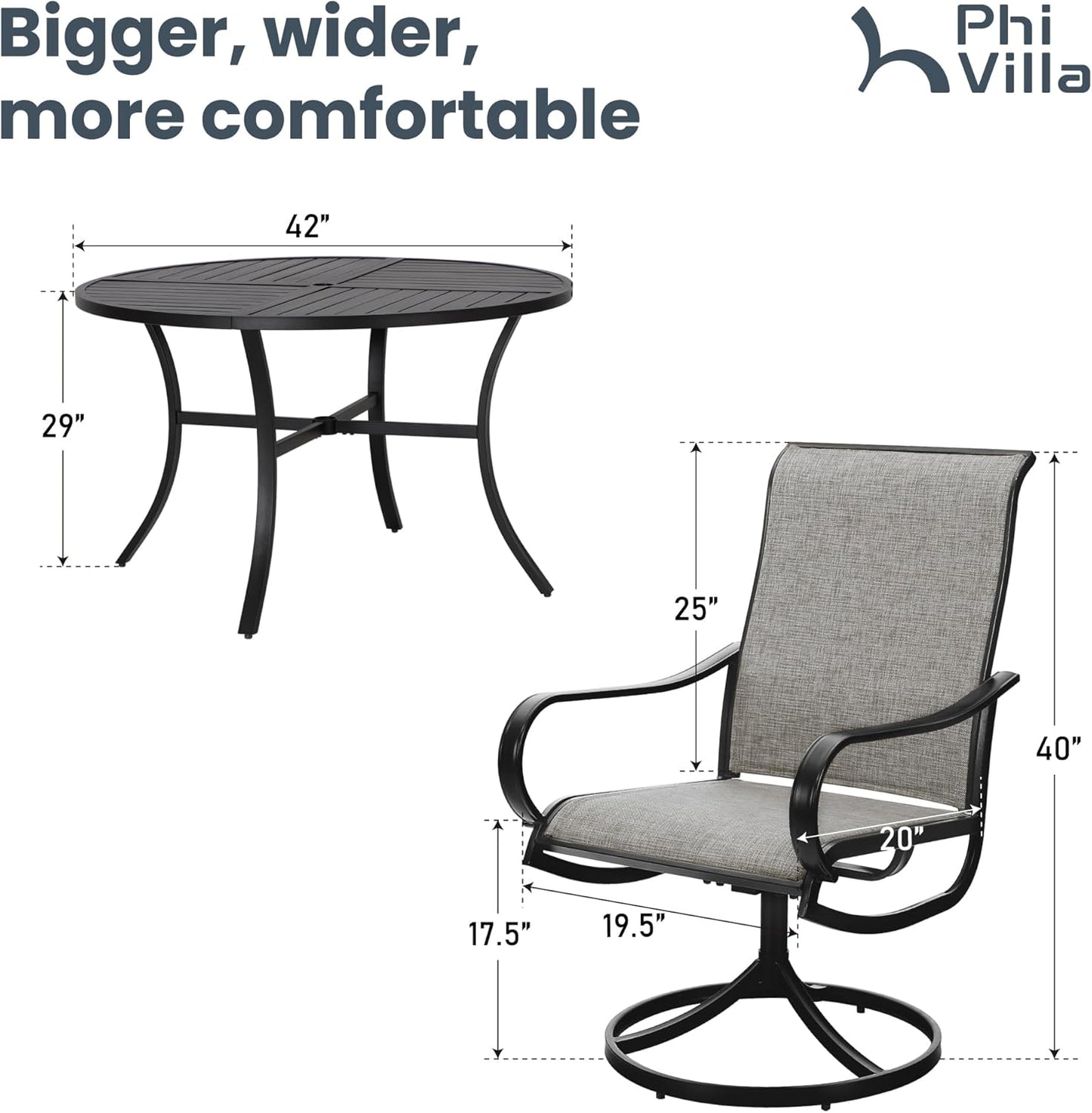 PHI VILLA Patio Dining Set 5 Piece, 4 Breathable Textilene Swivel Patio Chairs and 1 Round Metal Table with 1.57" Umbrella Hole, All Weather Resistant for Lawn Garden