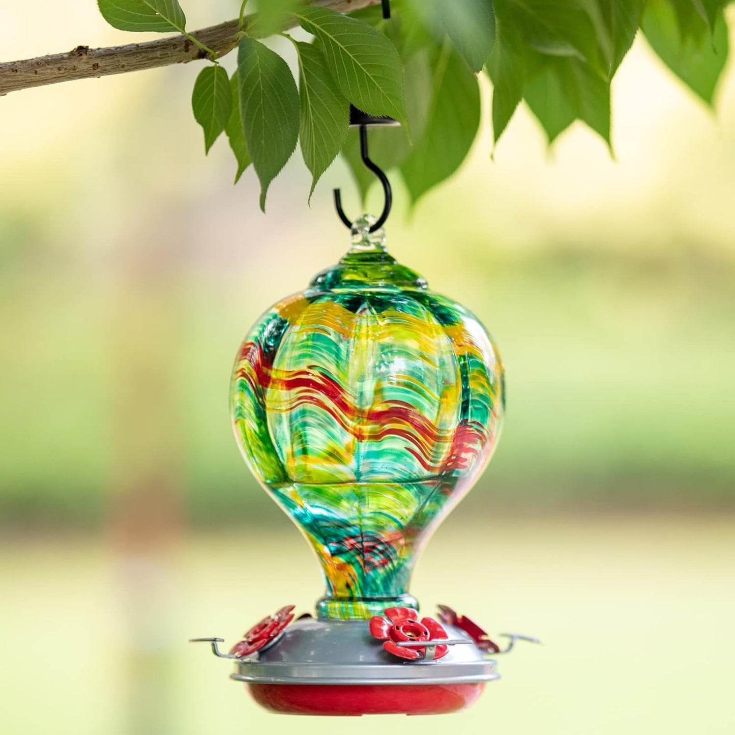 Muse Garden Hummingbird Feeders Blown Glass Hummingbird Feeder, Garden Backyard Decor for Outside, 32OZ, Rainbow Spirit