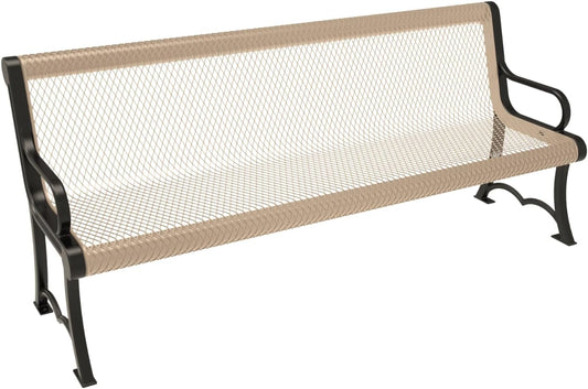 Coated Outdoor Furniture Heavy-Duty Outdoor Bench Thermoplastic Coated, Expanded Metal, Commercial-Grade Garden Bench, Made in America (Portable with Back, 6 Ft, Tan)