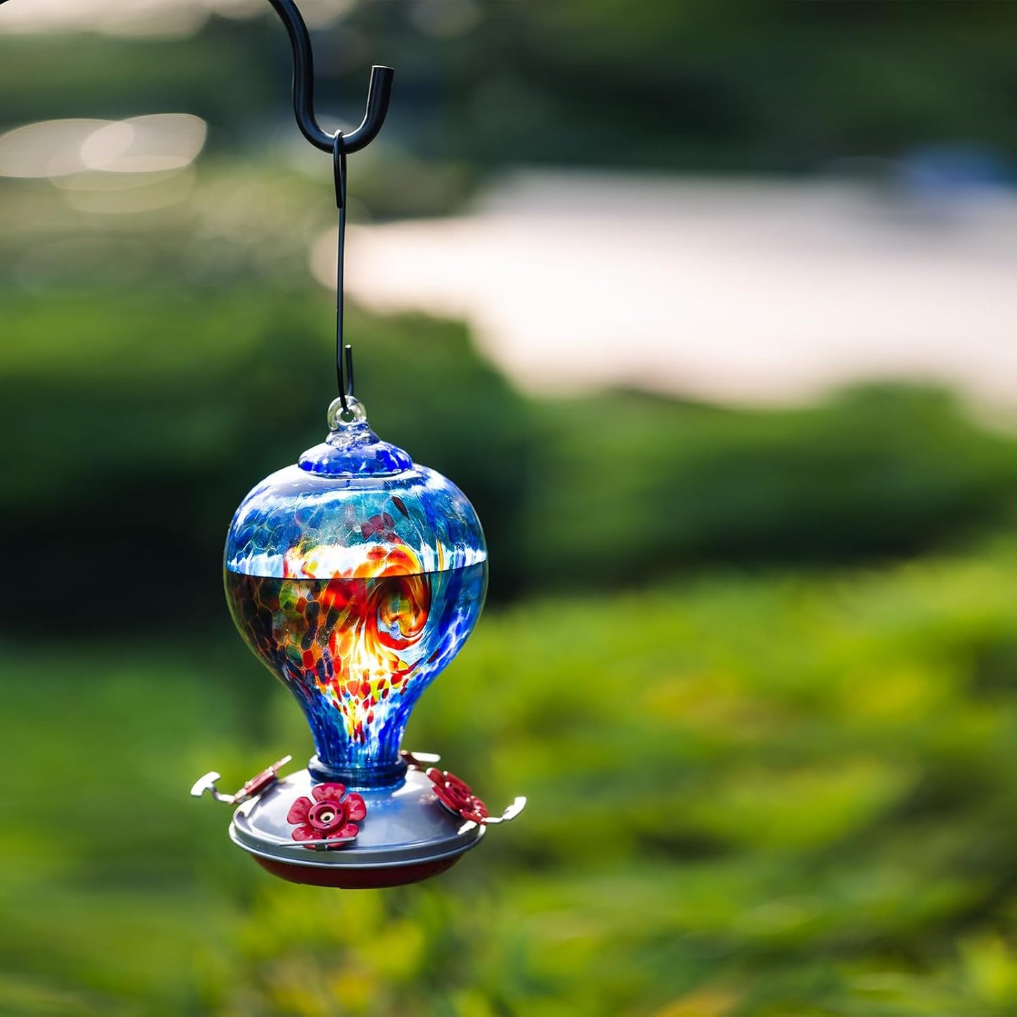 2 Packs Hummingbird Feeder for Outdoors Hanging Ant and Bee Proof, 34OZ 32OZ Hand Blown Glass Hummingbird Feeders for Outside (Red & Blue)