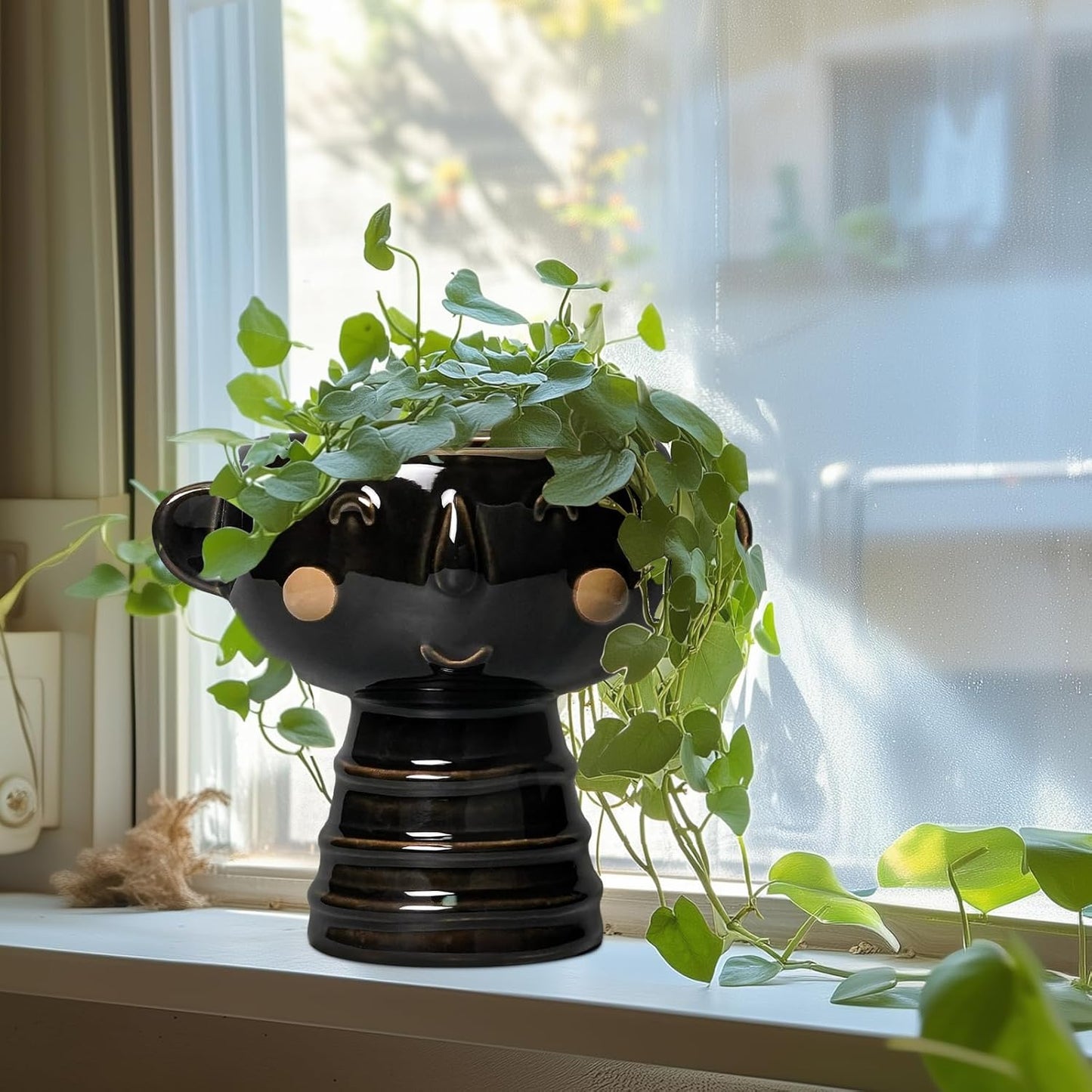 Face Planter - 7 Inch Ceramic Head Planters for Indoor Plants Outdoor, Cute Succulent Pots with Drainage Hole, Decorative Plant Pot, Home Office Room Decor, Black