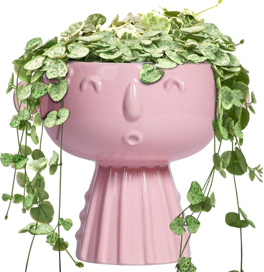 Face Pots for Plants - 7 Inch Ceramic Face Planters Pots Head for Indoor Outdoor, Small Funny Succulent Planters with Drainage Hole, House Room Apartment Decor, Gifts for Women, Bright Pink