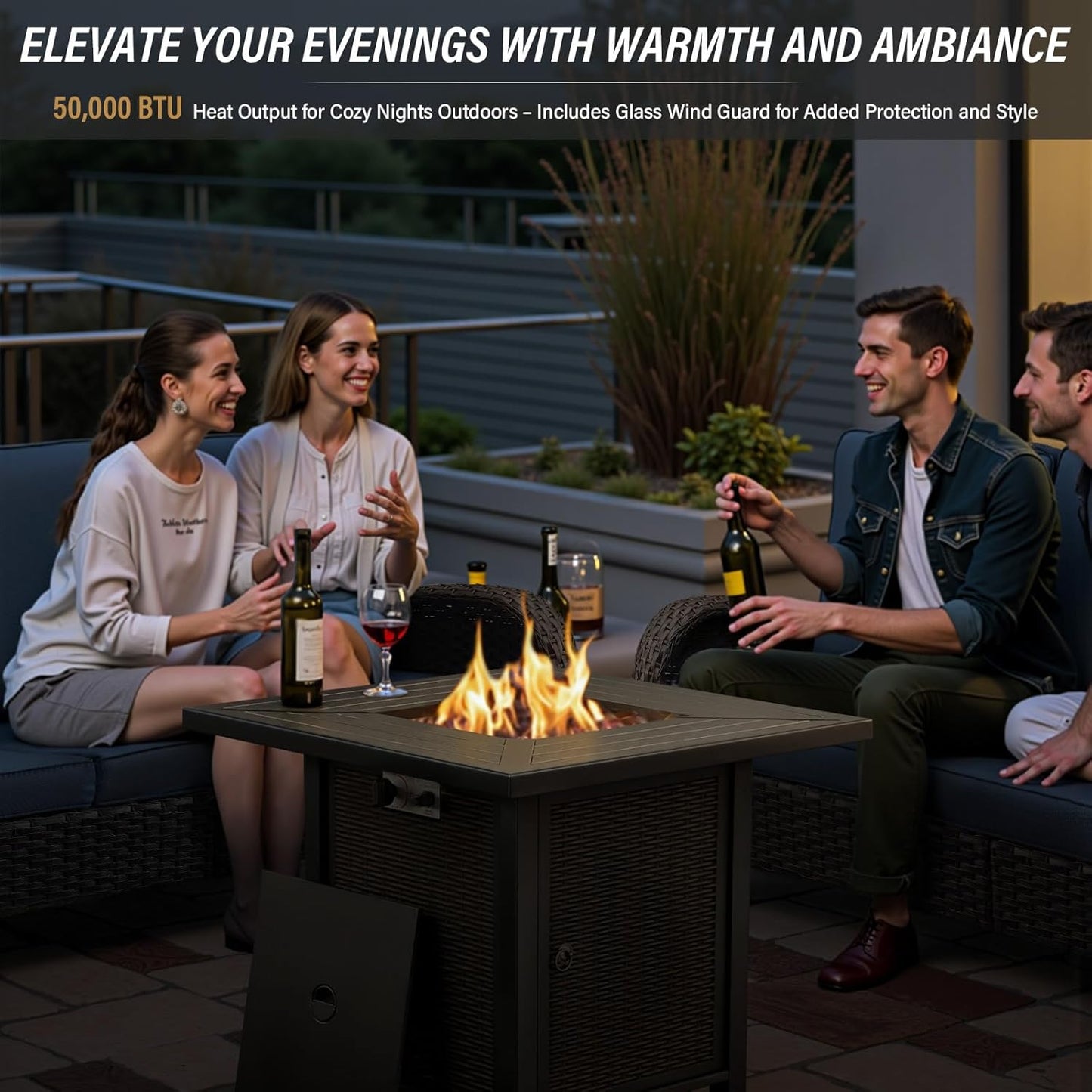 7-Piece Modern Brown Wicker Patio Conversation Set - 4 Swivel Glider Chairs, 2 Side Tables & 30" 50,000 BTU Propane Fire Pit Table