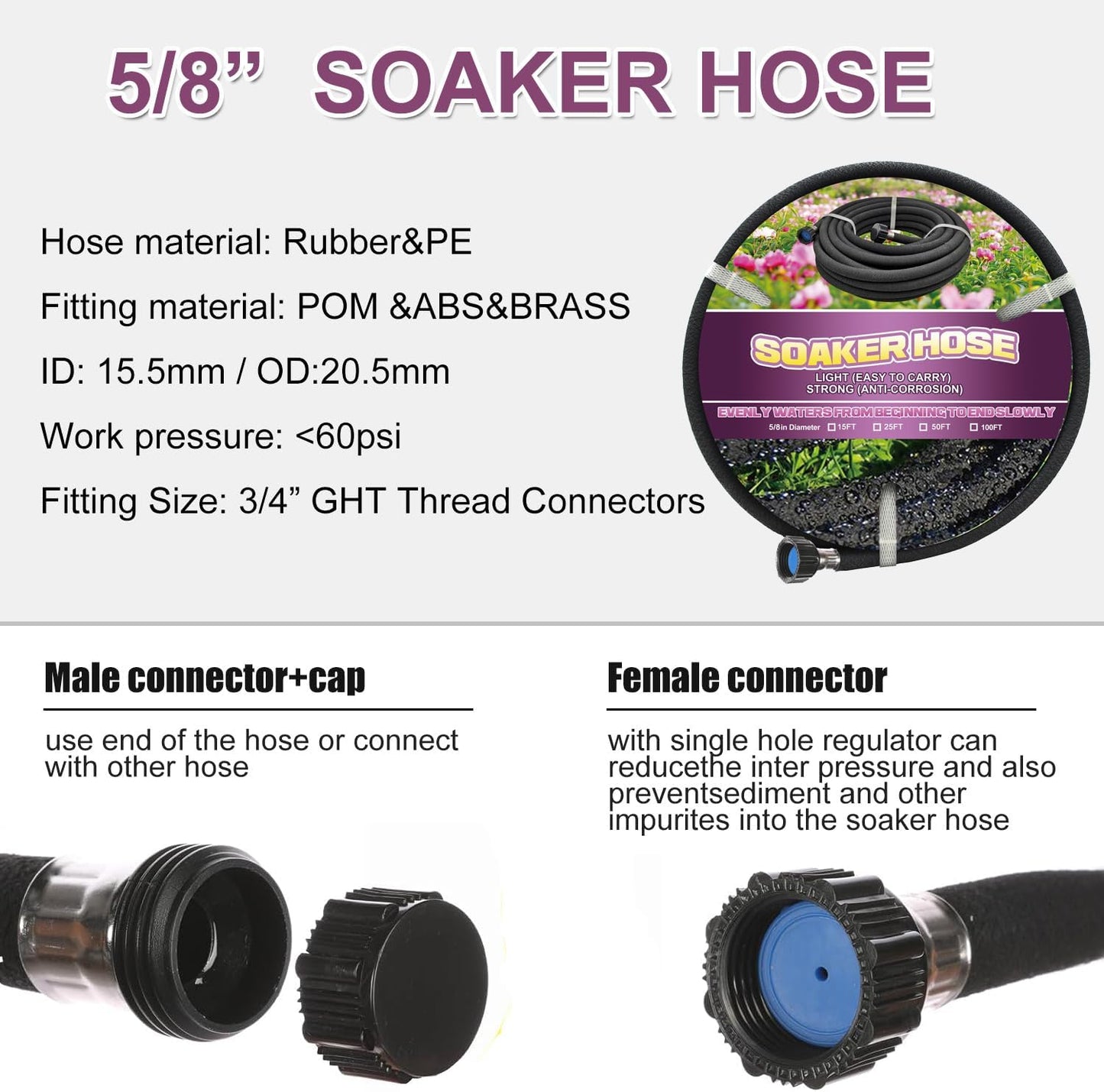 Soaker Hose 25ft - Garden Rubber Soaking Drip Hoses 5/8" Saving 70% Water Garden Hose, Drip Irrigation Round Hose for Lawn Yard, flower beds