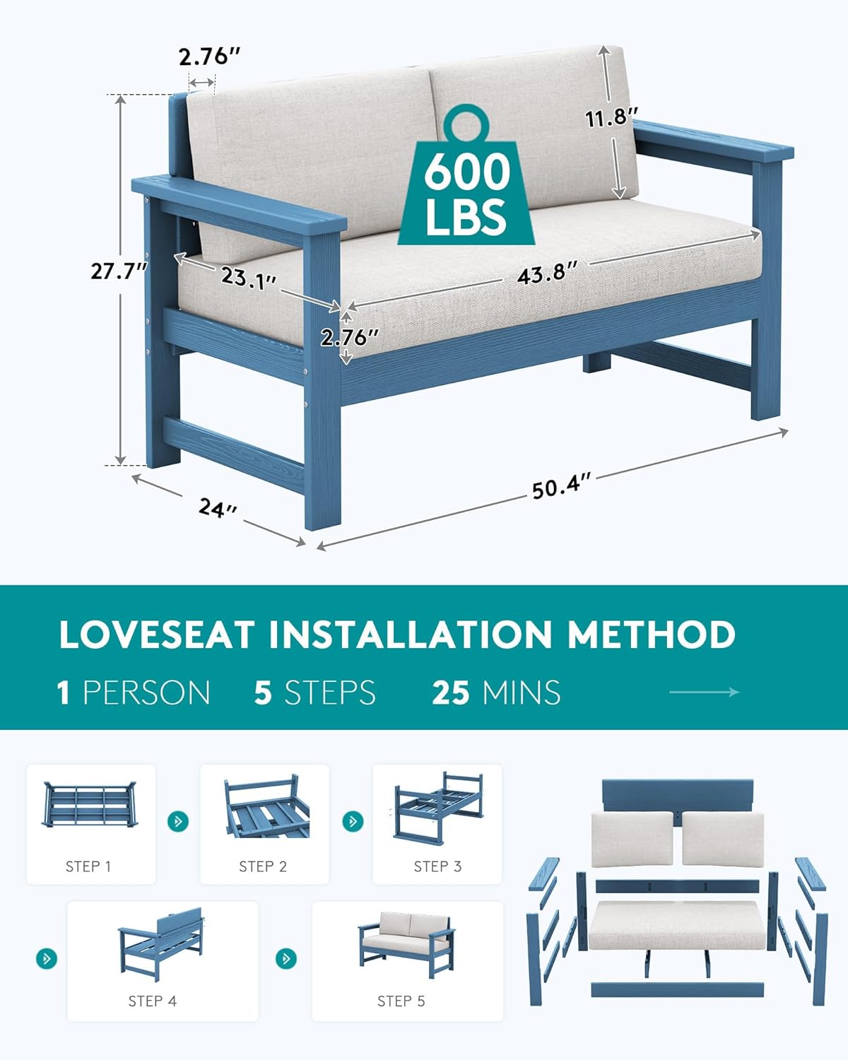 SERWALL Blue HDPE Outdoor Loveseat with Khaki Cushions