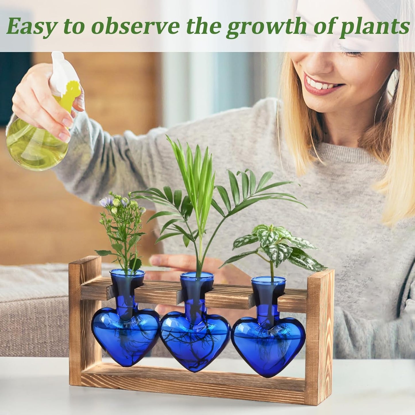 Lifecapido Heart Shaped Propagation Stations, Plant Terrarium with Wooden Stand, Plant Propagation Station for Hydroponics Plants Office Garden Home Decor, Gifts for Women Plant Lover (3 Vases, Blue)