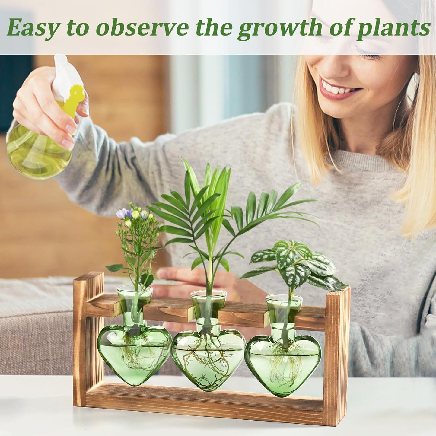 Lifecapido Heart Shaped Propagation Stations, Plant Terrarium with Wooden Stand, Plant Propagation Station for Hydroponics Office Garden Home Decor, Gifts for Women Plant Lover (3 Vases, Mint Green)