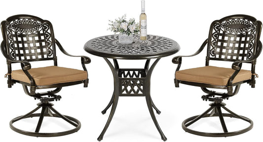 VIVIJASON 3-Piece Patio Bistro Set, Outdoor All-Weather Cast Aluminum Furniture Dining Set, Include 2 Swivel Chairs and 31" Round Table w/Umbrella Hole for Balcony, Lawn, Garden, Antique Bronze