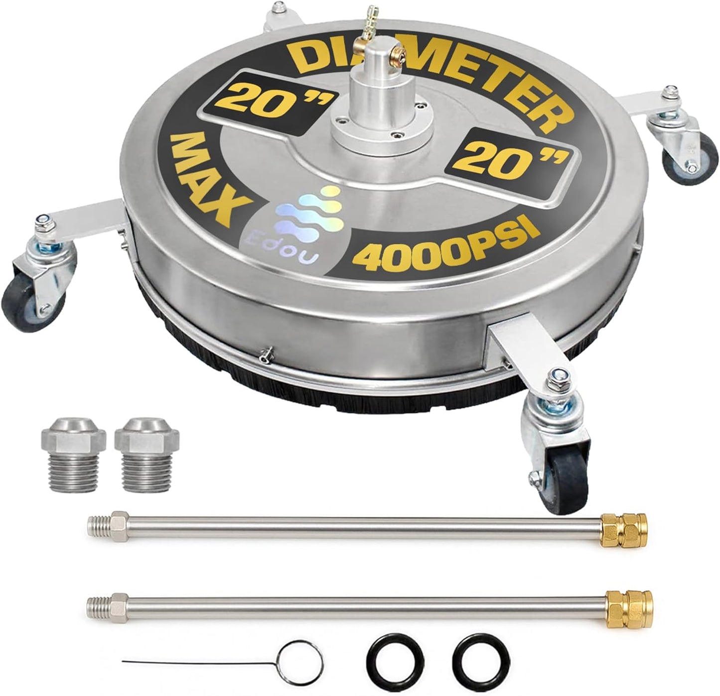 EDOU Pressure Washer Surface Cleaner - 20-Inch Stainless Steel Cleaner, 2 Replaceable Nozzles, 2 Washer Wand Attachments, 4 Wheels - 4000 PSI Maximum Pressure - 1/4" Quick Connector
