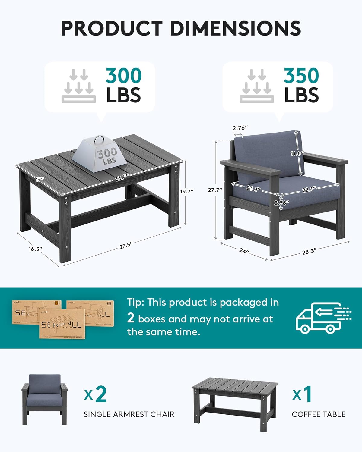 SERWALL 3 Pieces HDPE Outdoor Sofa Bistro Set with Cushions, Outdoor Furniture Sofa Sets with Coffee Table and Cushions, All Weather Conversation Social Set, Grey Frame and Grey Cushion
