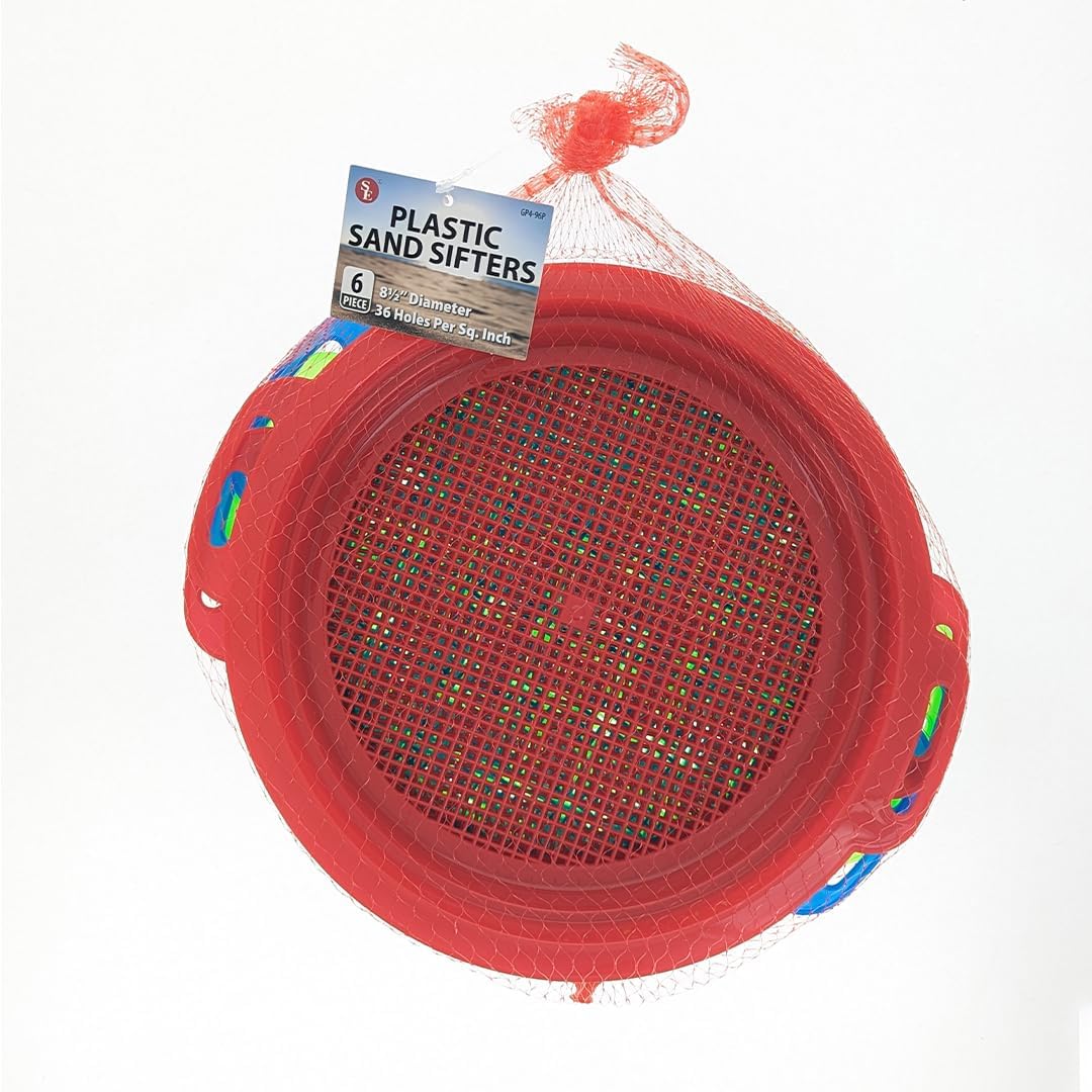 SE 6-Piece Set of 8.5" Plastic Sand Sifting Pans in a Mesh Bag, with 36 Holes Per Inch, in Red, Blue, and Green Colors