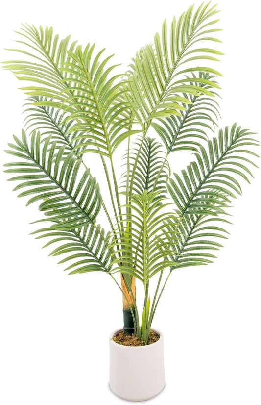 Artificial Fake Palm Tree 4FT 1Pack with White Planter & Free Moss, UV Resistant Artificial Palm Tree for Outdoors, Fake Plants for Poolside Home Room Decor, Faux Plants Outdoor Decor