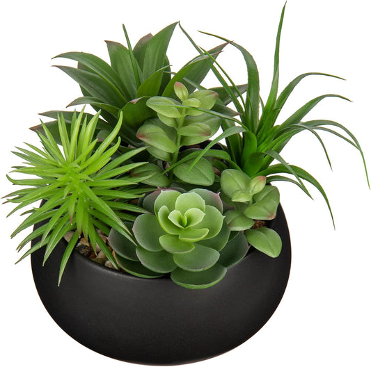 Fake Plants Artificial Succulents in Pots Faux Succulent Arrangement Potted Plant in Black Ceramic Planter Bowl for Home Decor Office Desk Bathroom Shelf Living Room Indoor Decorations