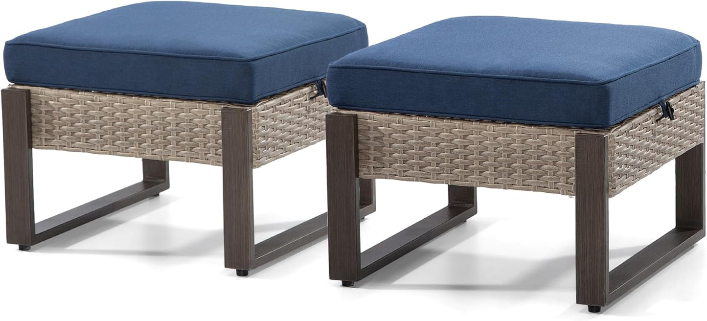 Patio Metal Wicker Ottoman Set of 2, Outdoor PE Rattan Footstools with Removable Cushions & Wood-Looking Metal Steel Framed Legs for Garden Backyard Porch Deck, Dark Blue
