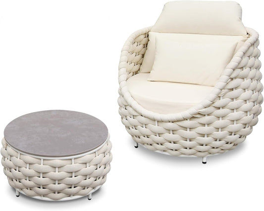 Woven Rope Patio Chair and Table Set: 2 Pieces Aluminum Front Porch Furniture Set - Assembled Outdoor Deck Lounge Armchair Set Cushioned - for 400 lbs Balcony Pool Yard Garden Hotel Lanai, Beige