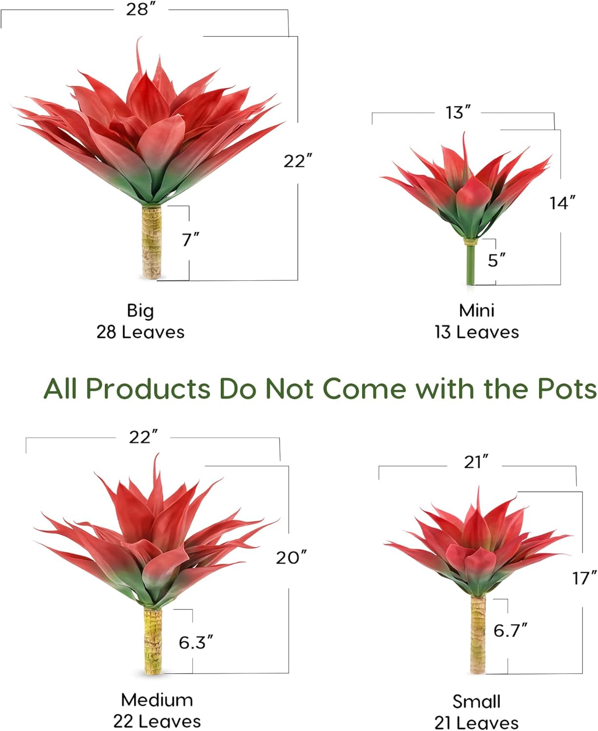 Velener Fake Agave Artificial Plant, Red Fake Plant for Room Decor, Unpotted Faux Agave Stems Plant for Fall Outdoor/Indoor Decor, 14 inches, Set of 2