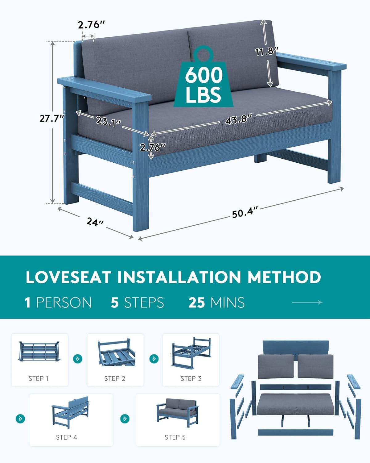 SERWALL Blue HDPE Outdoor Loveseat with Grey Cushions