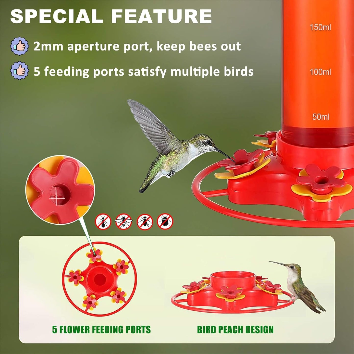 Hummingbird Feeders for Outdoors Hanging (2 Pack) 5 Feeding Ports 320 ml Plastic Hummingbird Feeder, Bee-Proof Leak-Proof No Drip, Easy to Clean with Cleaning Brush