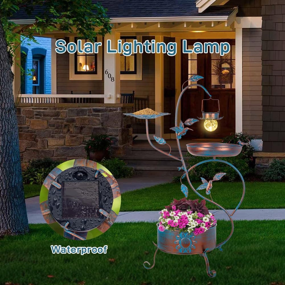 dreamysoul Metal Bird Bath for Outside, Birdbaths Outdoors with Planter and Feeder, Garden Blue Bird Baths with Solar Lights