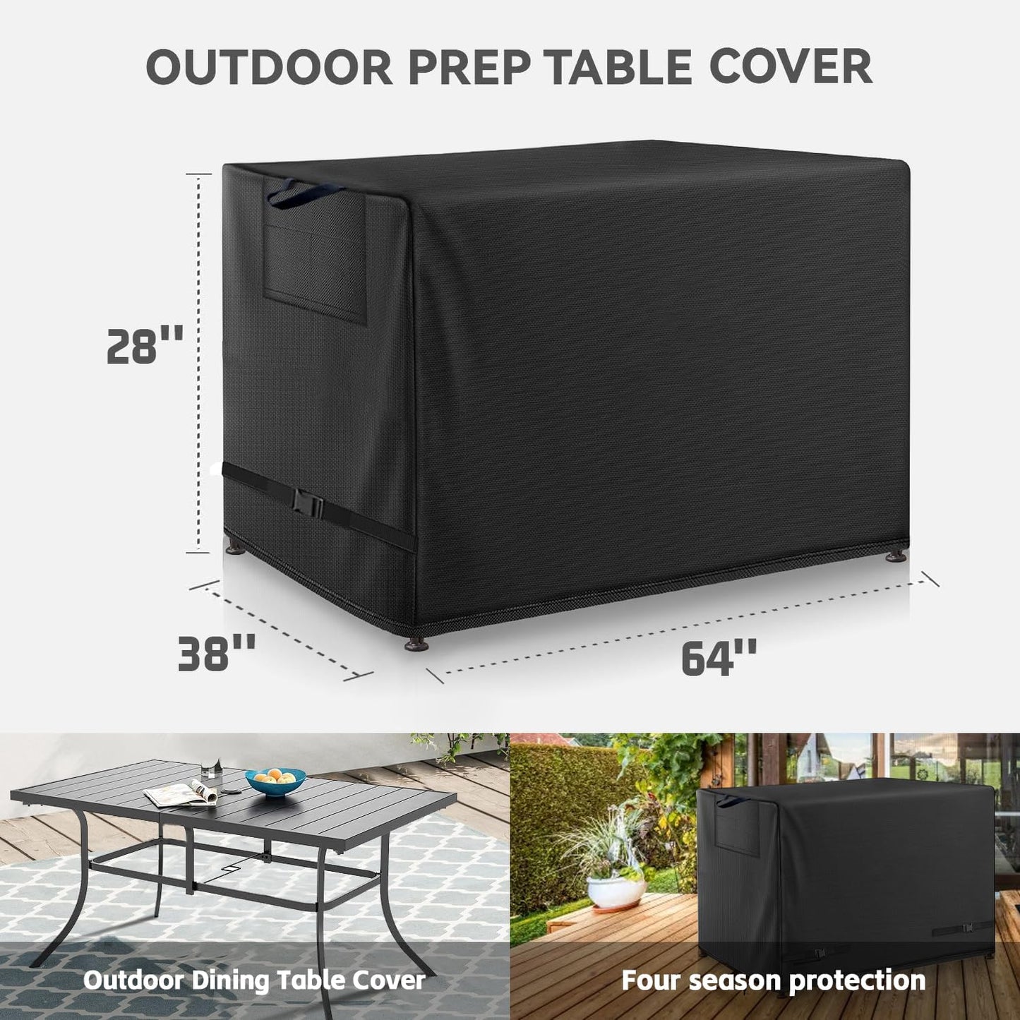 Outdoor Dining Table Cover - Heavy Duty Waterproof Cover for Patio Metal Steel Slat Table, Compatible 64" x 38" Black