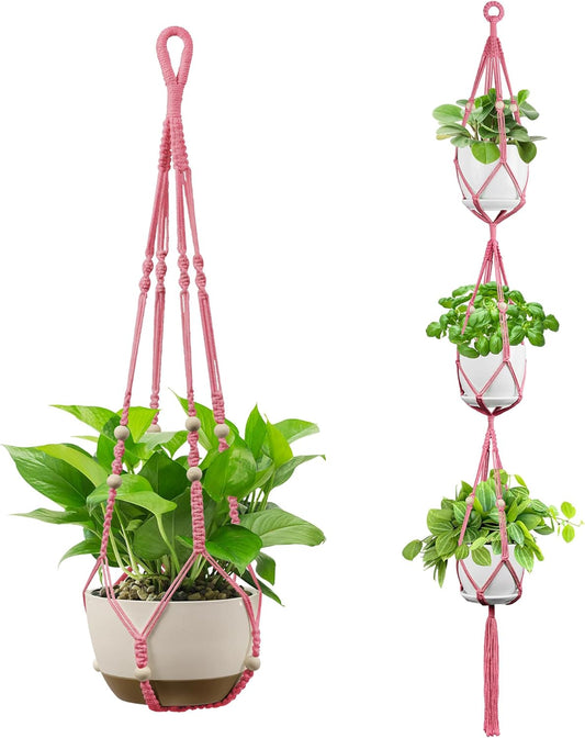 USLAI Macrame Plant Hanger Indoor Outdoor, Up to 4-15 inch Pot, Heavy 20lb Planters, Extra Long Strong Hanging Planter Basket Holder, Boho Home Decor, 35+72 Inch, Pink (POTS NOT Included)