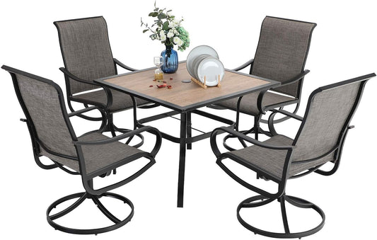 PHI VILLA 5 Piece Outdoor Patio Dining Set, Patio Table & Chair Set Clearance for 4 Person, 4 Swivel Dining Chairs & 1 Square Patio Table(1.57" Hole) for Lawn Garden Poolside