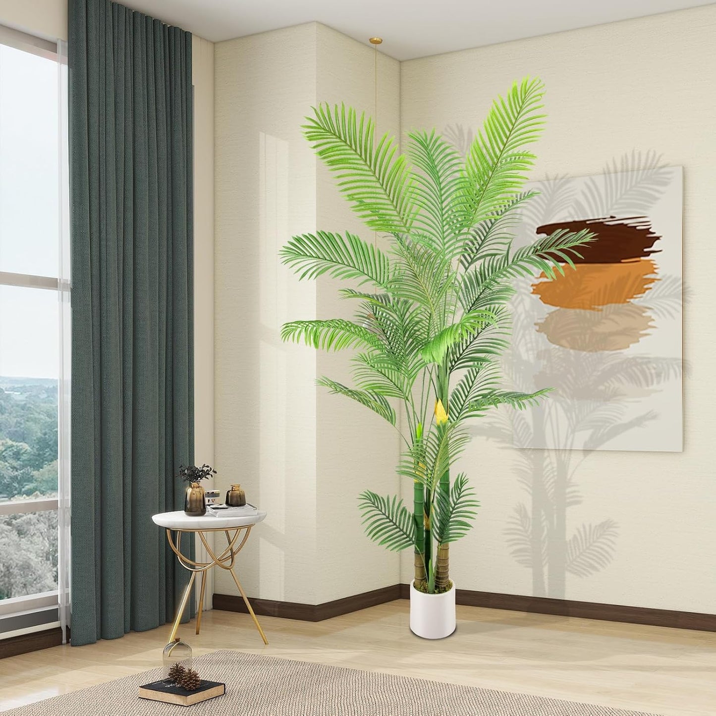 Artificial Fake Palm Tree 9FT 1Pack with White Planter & Free Moss, UV Resistant Artificial Palm Tree for Outdoors, Fake Plants for Poolside Home Room Decor, Faux Plants Outdoor Decor