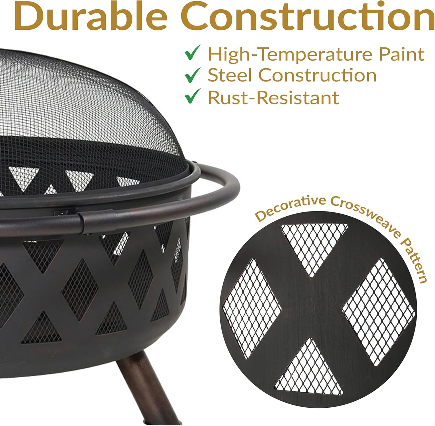 Sunnydaze Crossweave Outdoor Fire Pit - Wood-Burning Fire Pit for Outside with Spark Screen, Poker and Round Cover - 36-Inch - Black