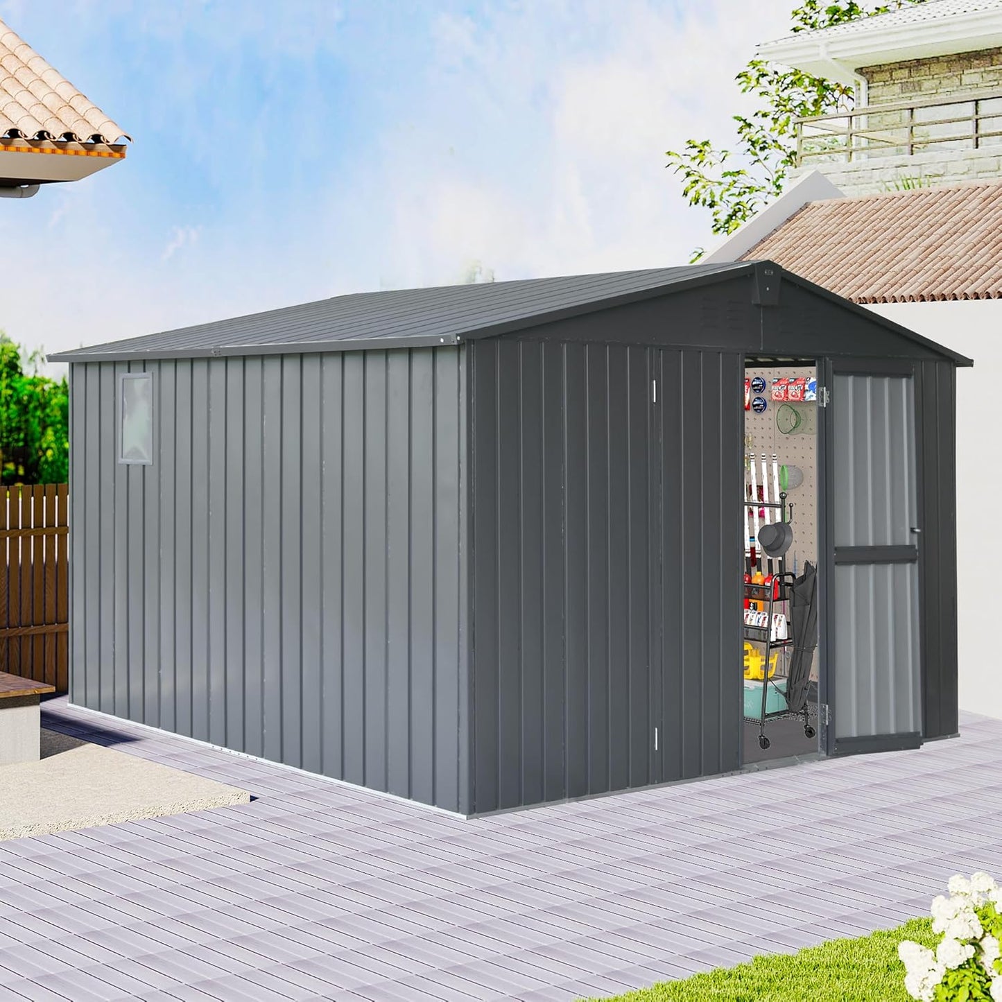 Domi Outdoor Storage Shed 11’ x 9’, Metal Sheds with Galvanized Steel Frame & Windows & Lockable Door, Garden Shed Tool Storage Room for Patio, Grey
