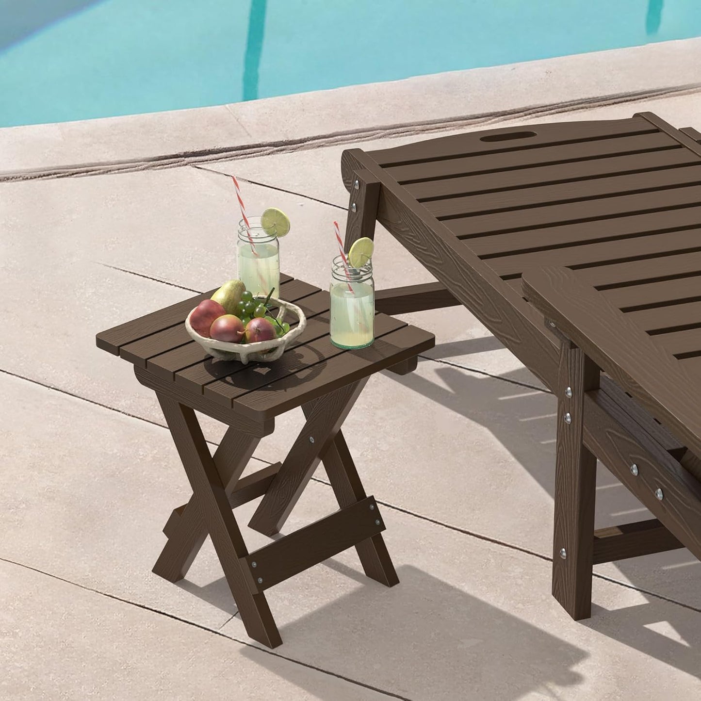 LUE BONA Small Outdoor Folding Side Table, HDPS Outside End Table for Patio, Porch, Deck, Pool, 14 Inch Height, Dark Brown