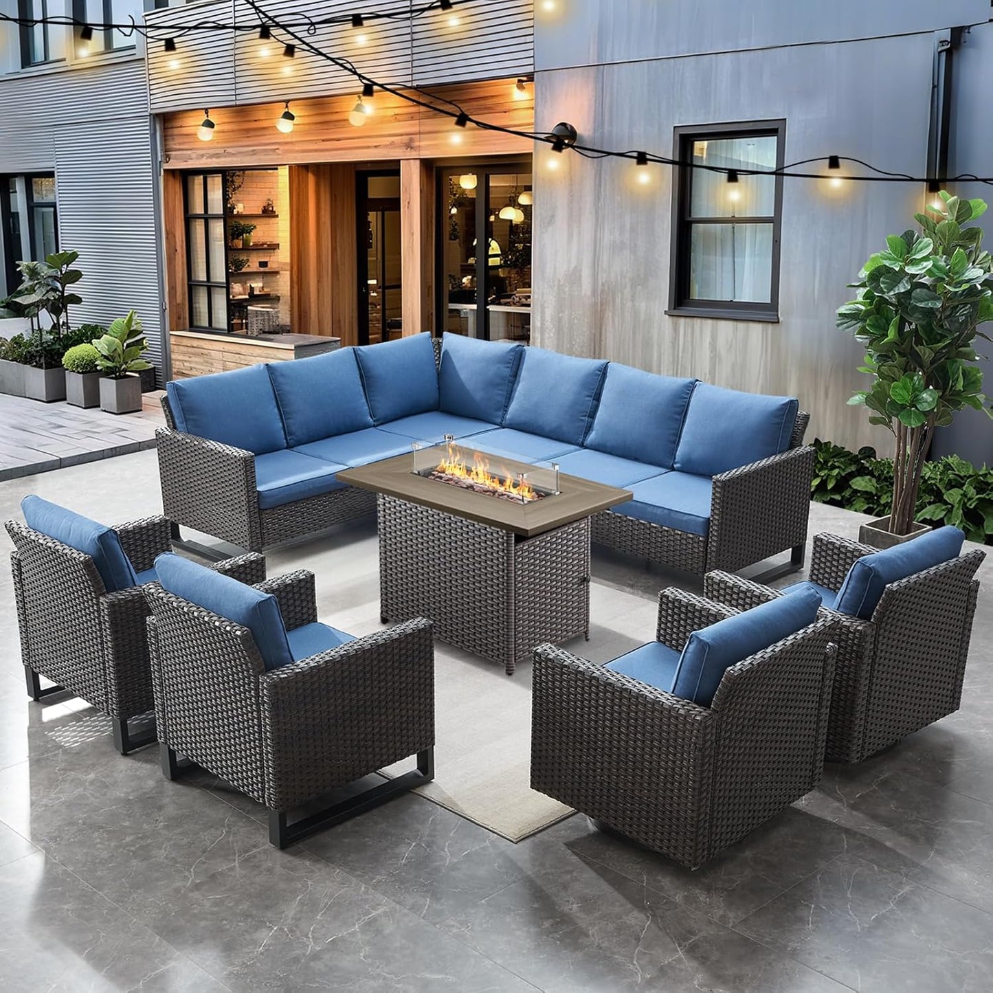 HUMMUH 8 Piece Patio Furniture with Fire Pit,PE Wicker Outdoor Conversation Sets-6-Seater Sofa,Patio Swivel Chairs Outdoor Chairs, Propane Fire Pit,Side Table for Porch,Garden,Backyard(Brown/Blue)